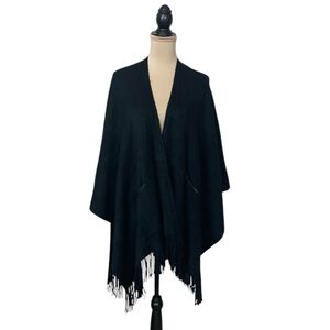 Zoe Madison Acrylic Black Poncho Faux Leather Trim Pockets (DM)